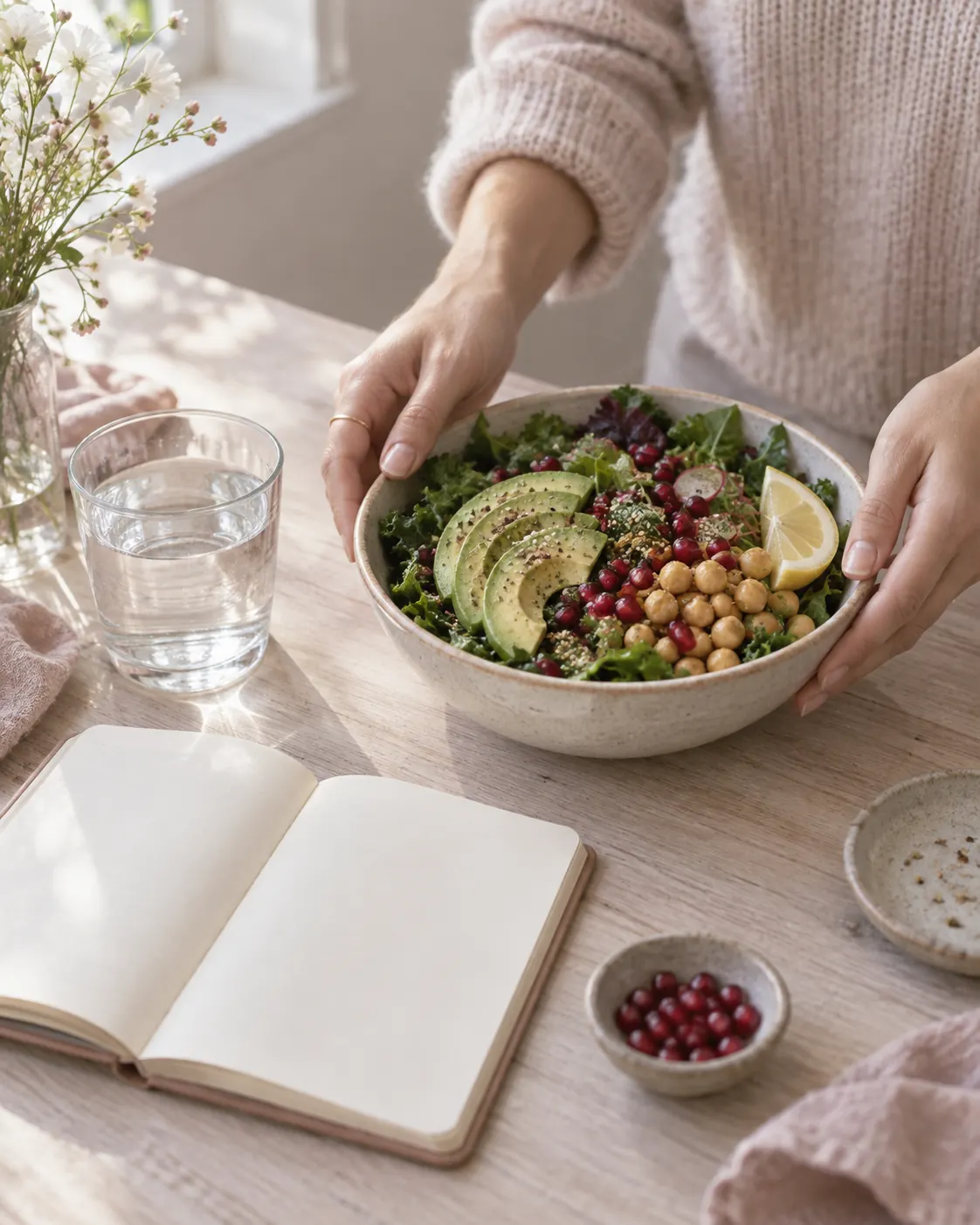 Masada renkli bir salata kâsesi, su ve boş bir defter